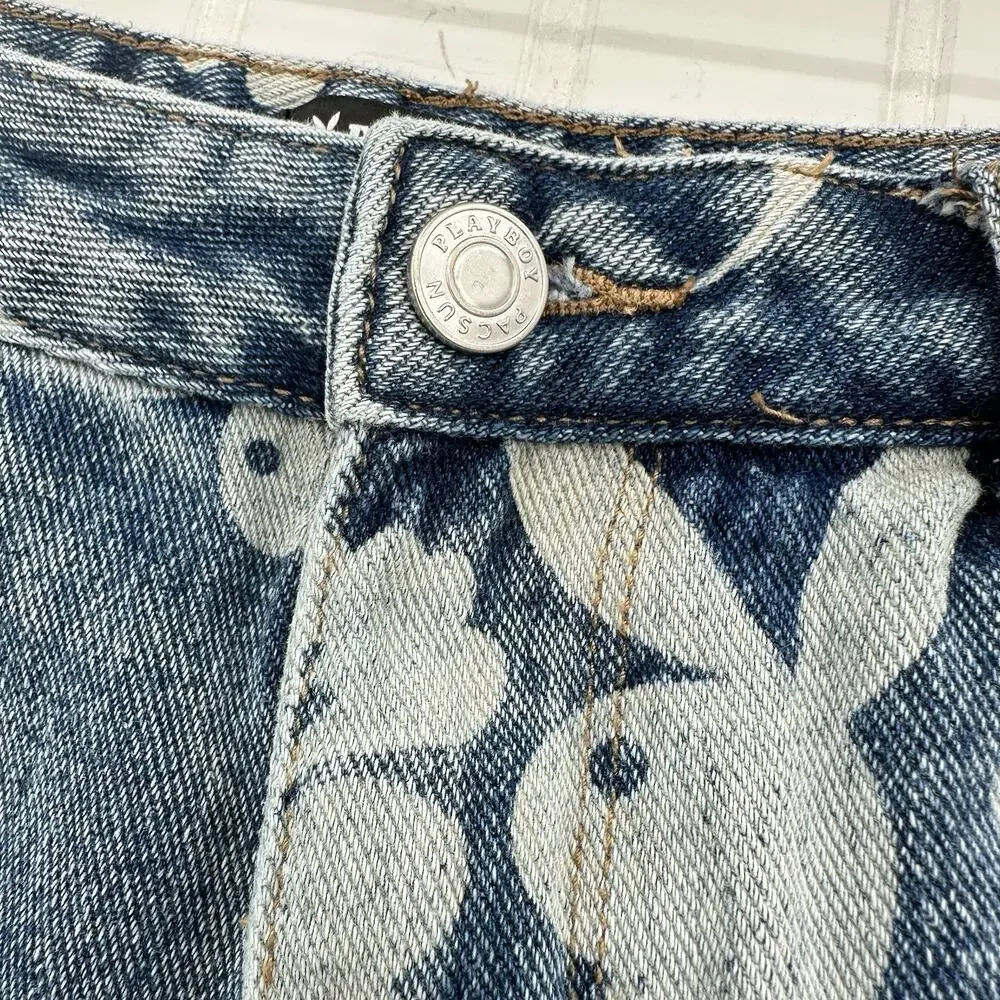 PlayBoy Pacsun Shorts Womens 27 Blue Jean Denim Fringe 90s Grunge Floral Bunny